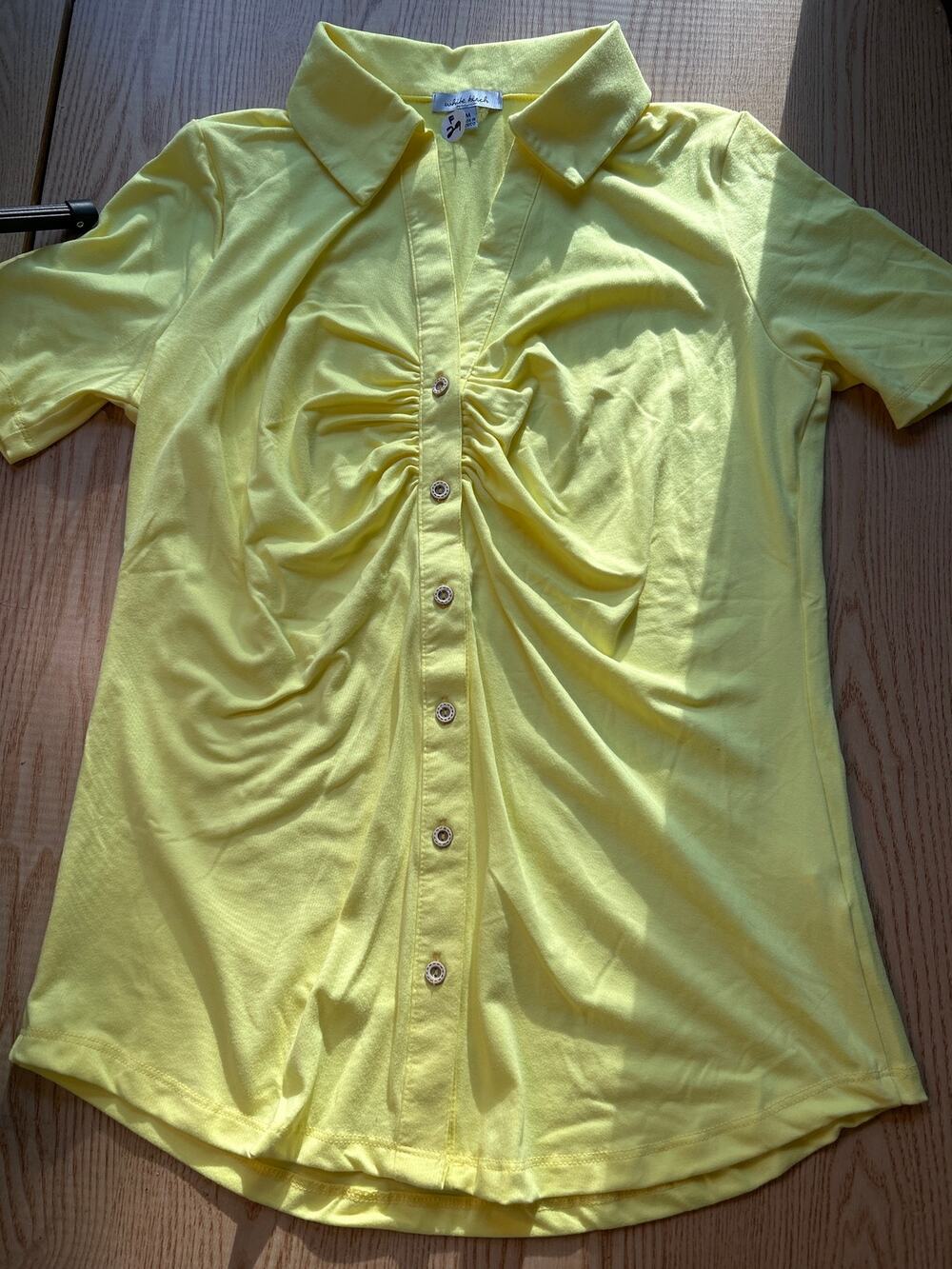 New Women's White Birch button Up Ruched Shirt Super Soft Stretchy Yellow Medium